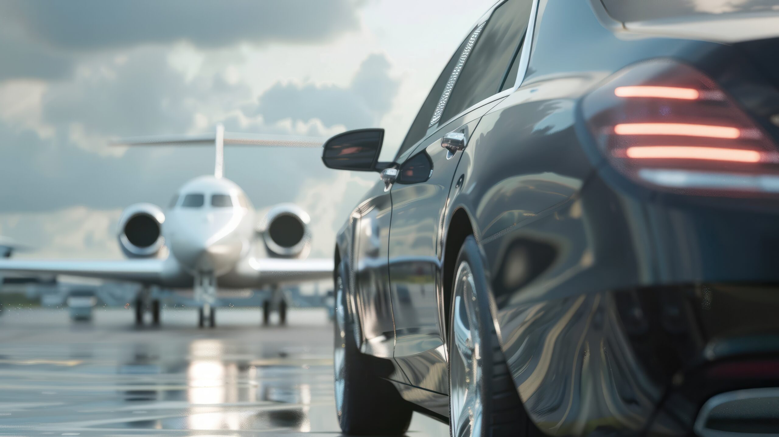 View of black luxury limousine car with private white jet in the background at the airport, private luxury escort