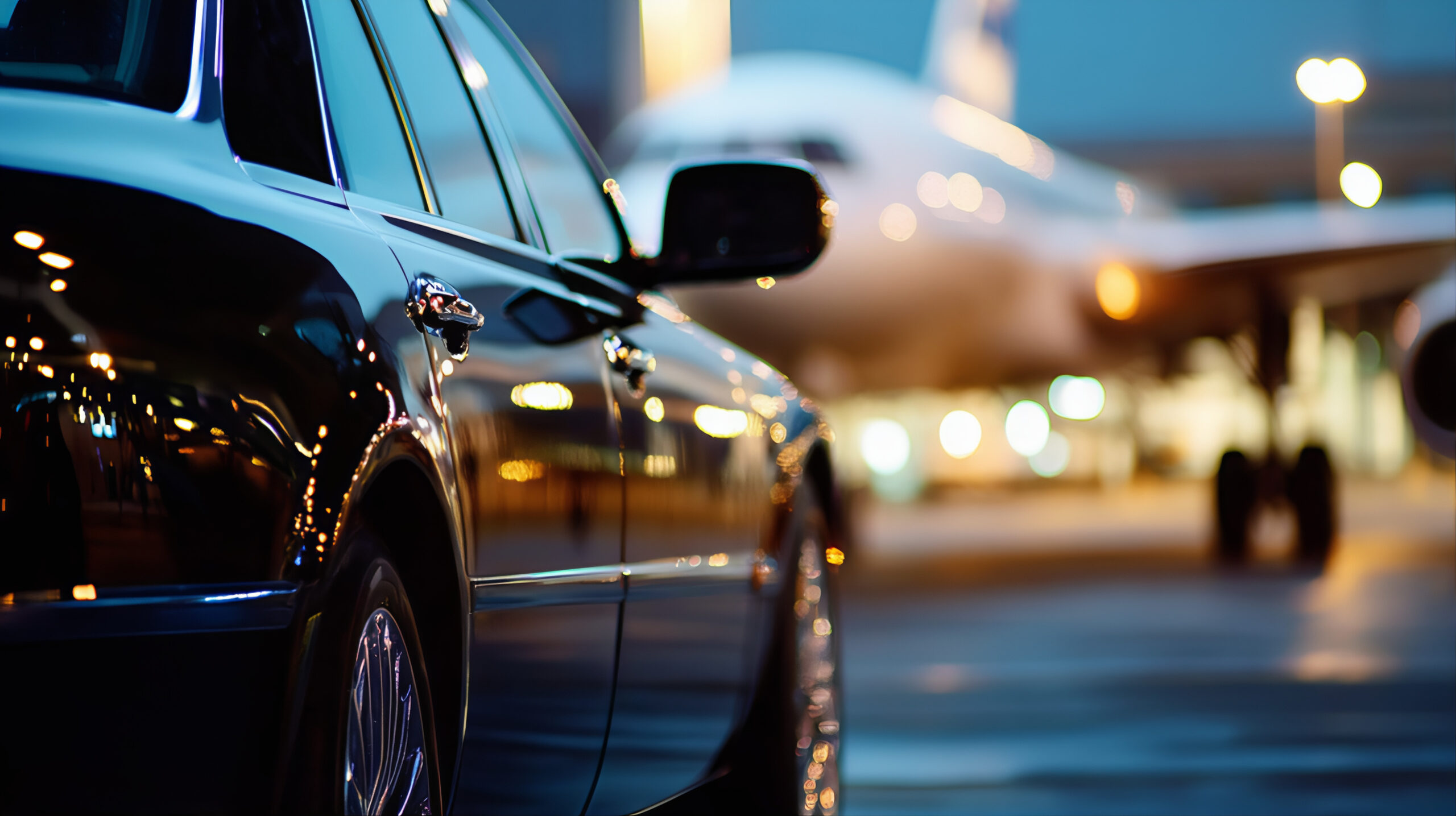 Luxury car and jet airport transfer. Private car on an airport tarmac with an airplane in the background. Car and plane airport pickup. Luxury taxi car at the airport